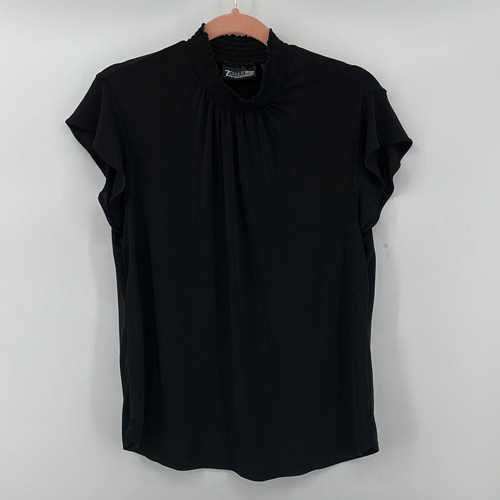7th Avenue Design Black Blouse with Mandarin Collar and Cap Sleeves Size Large